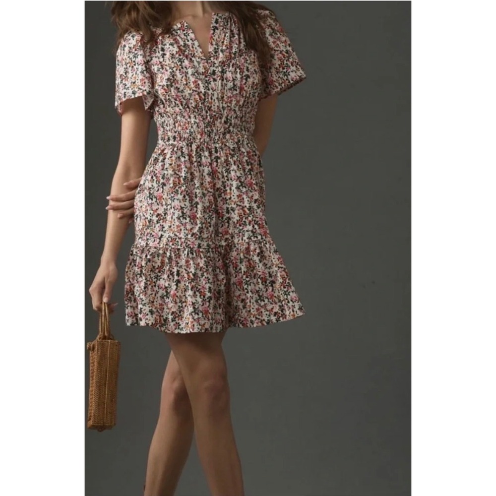 Anthropologie Somerset Floral Smocked Waist Tiered Mini Dress Size Large